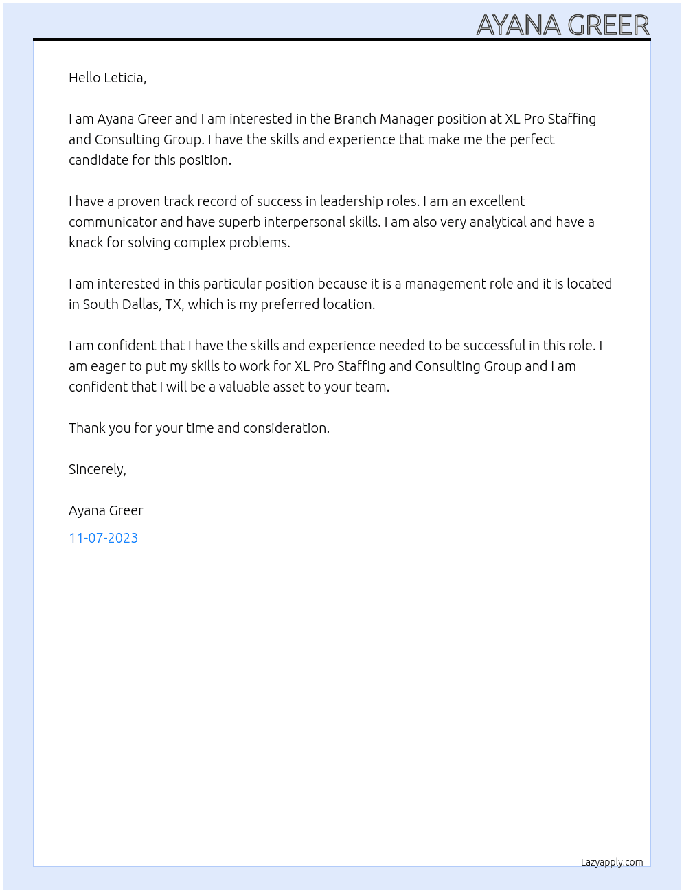 Branch Manager  At XL Pro Staffing and Consulting Group Cover Letter