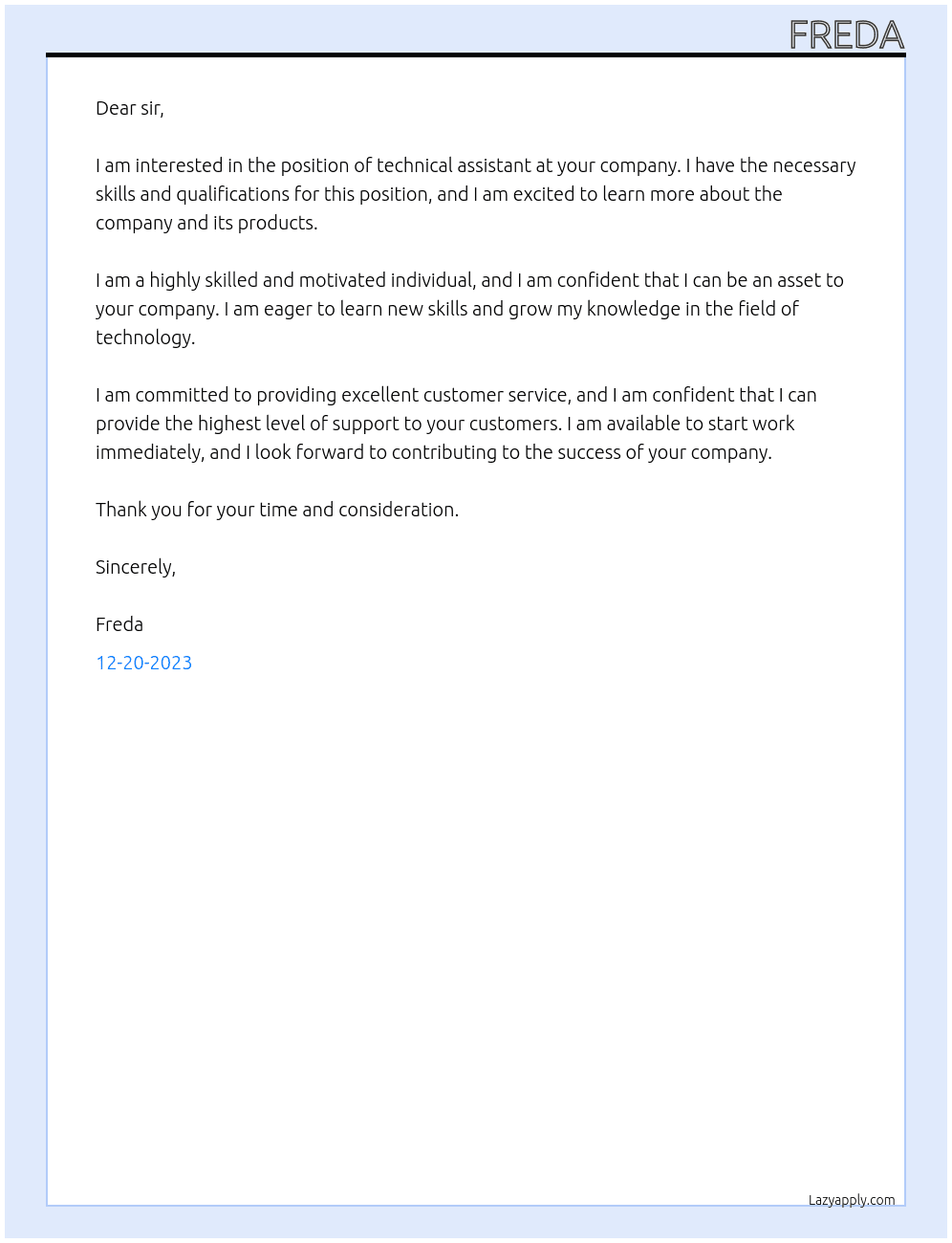 Technical assistant At Your company Cover Letter
