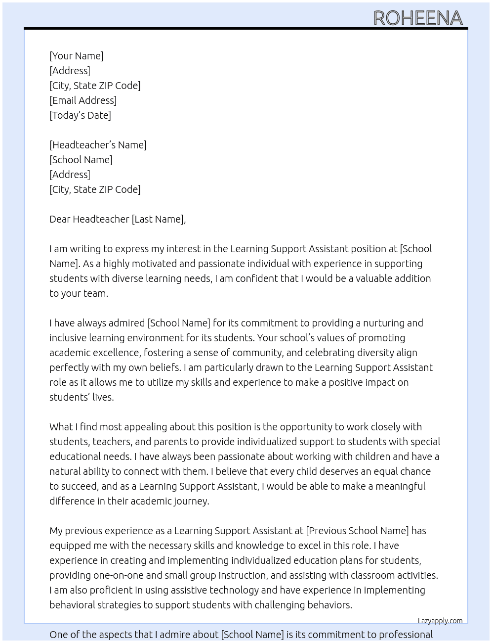 learning support assistant  At school Cover Letter
