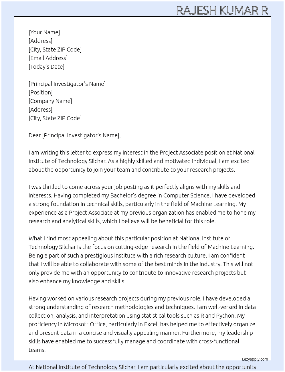 Project Associate  At National Institute of Technology Silchar Cover Letter