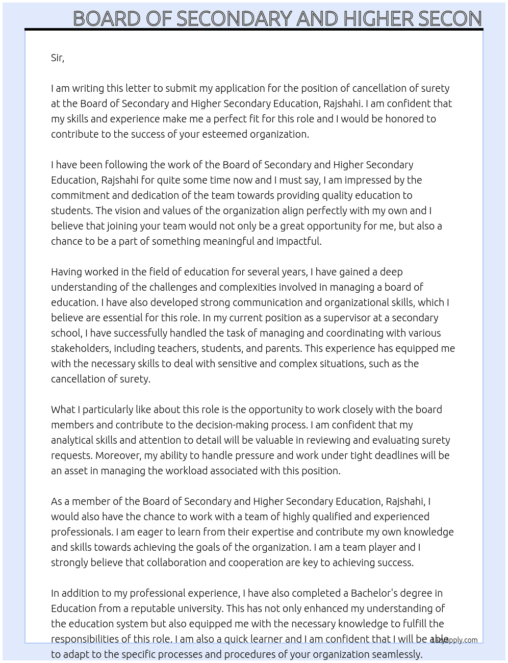 Application letter for cancellation of surety At Board of Secondary and Higher Secondary Education, Rajshahi Cover Letter