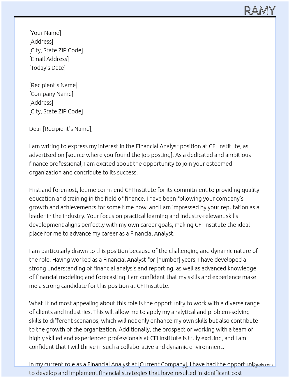 Financial Analyst  At Scholarship Cover Letter