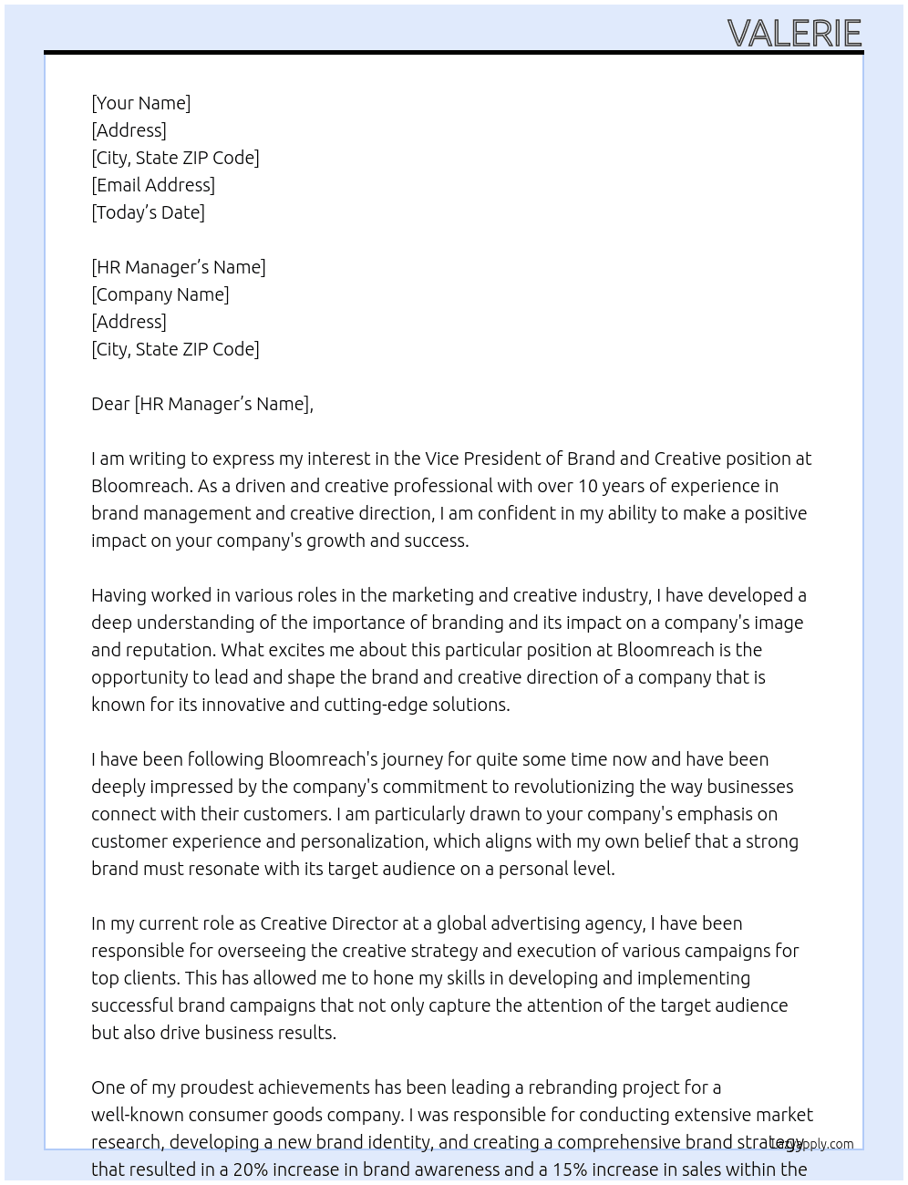 VP of brand and creative At Bloomreach Cover Letter