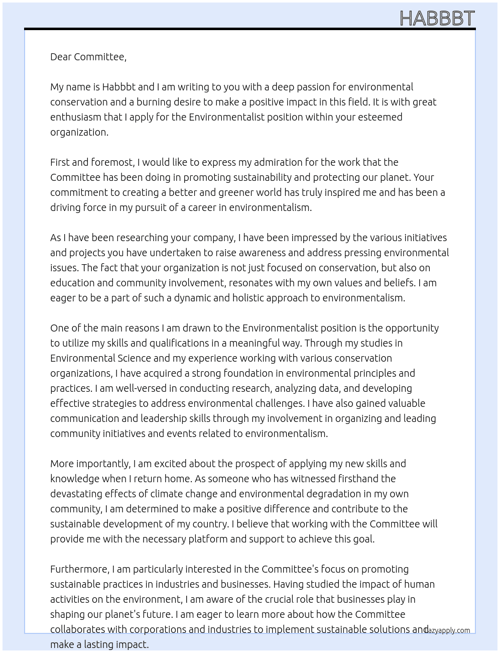 Environmentalist  At Committee Cover Letter