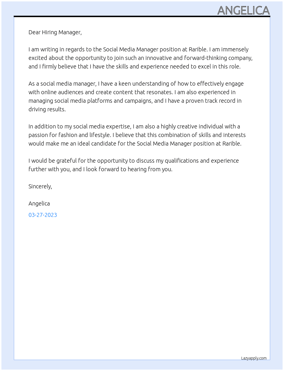 Social Media Manager At Rarible Cover Letter
