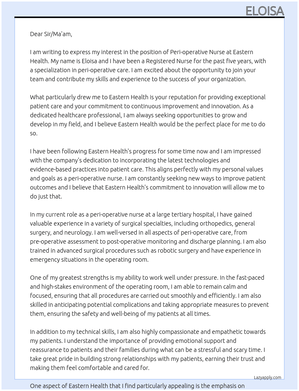 Peri-operative nurse At Eastern Health  Cover Letter