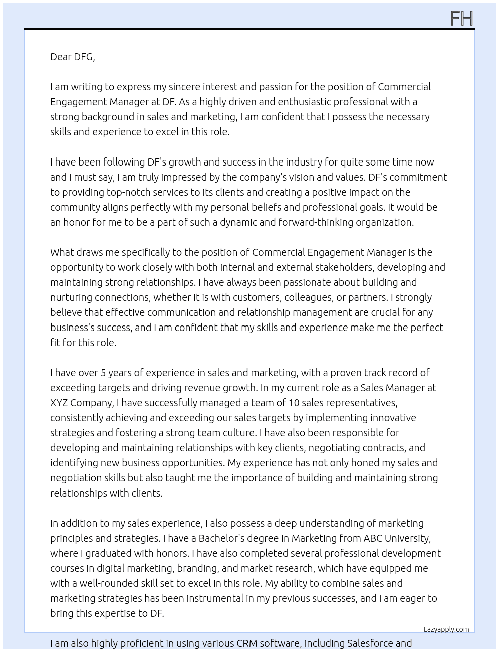 Commercial Engagement Manager  At df Cover Letter