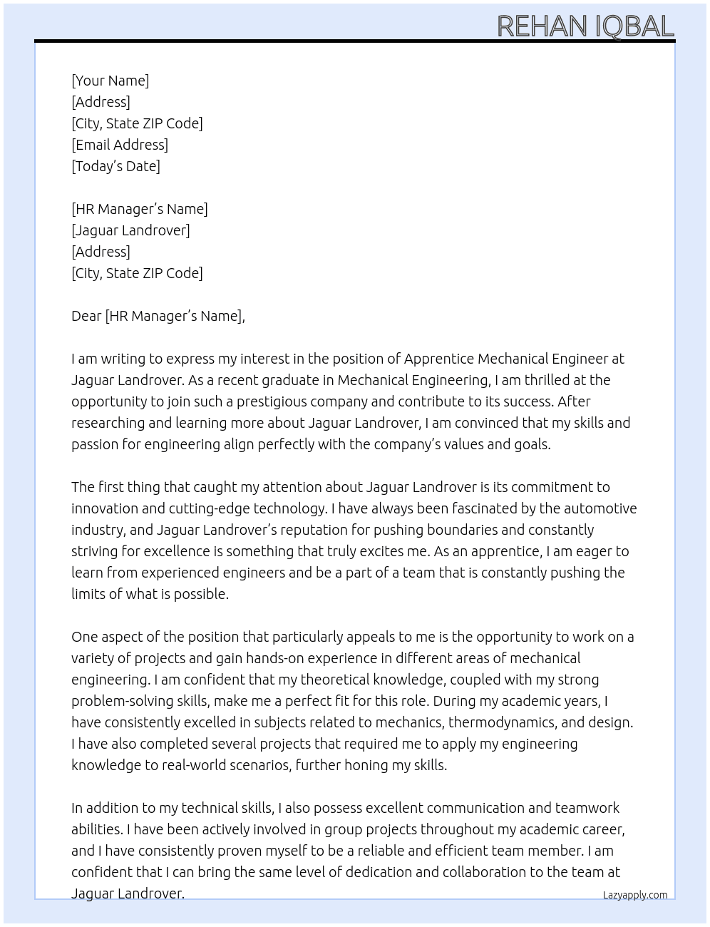 Cover letter for apprentice mechanical engineer - LazyApply