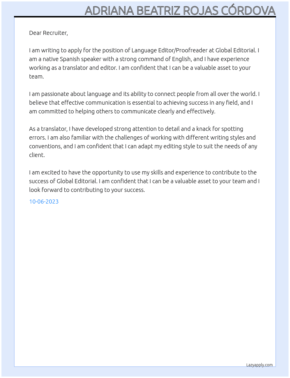 Language Editor/Proofreader At Global Editorial Cover Letter