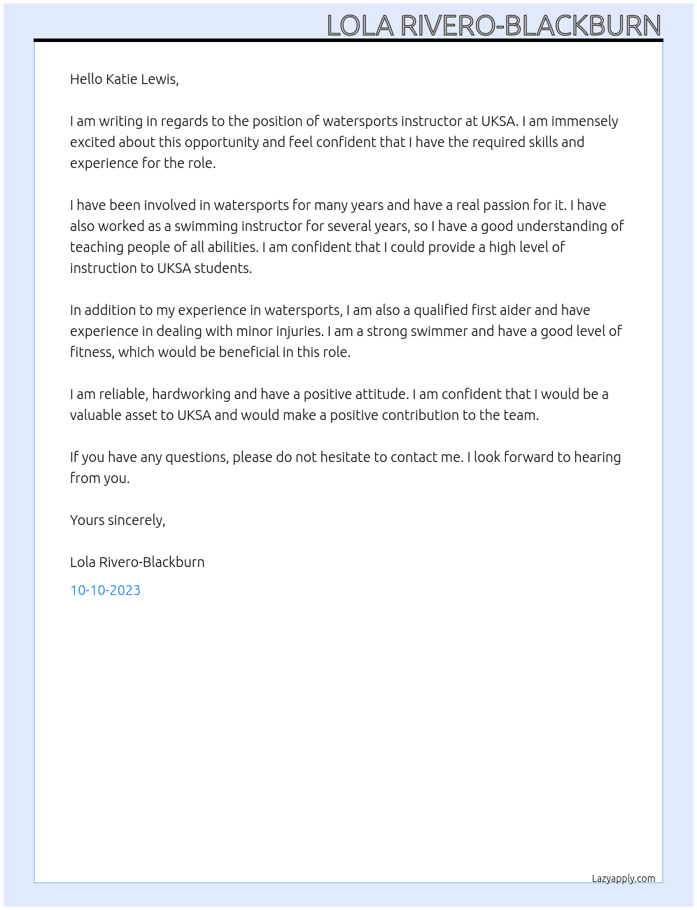 watersports instructor At uksa Cover Letter