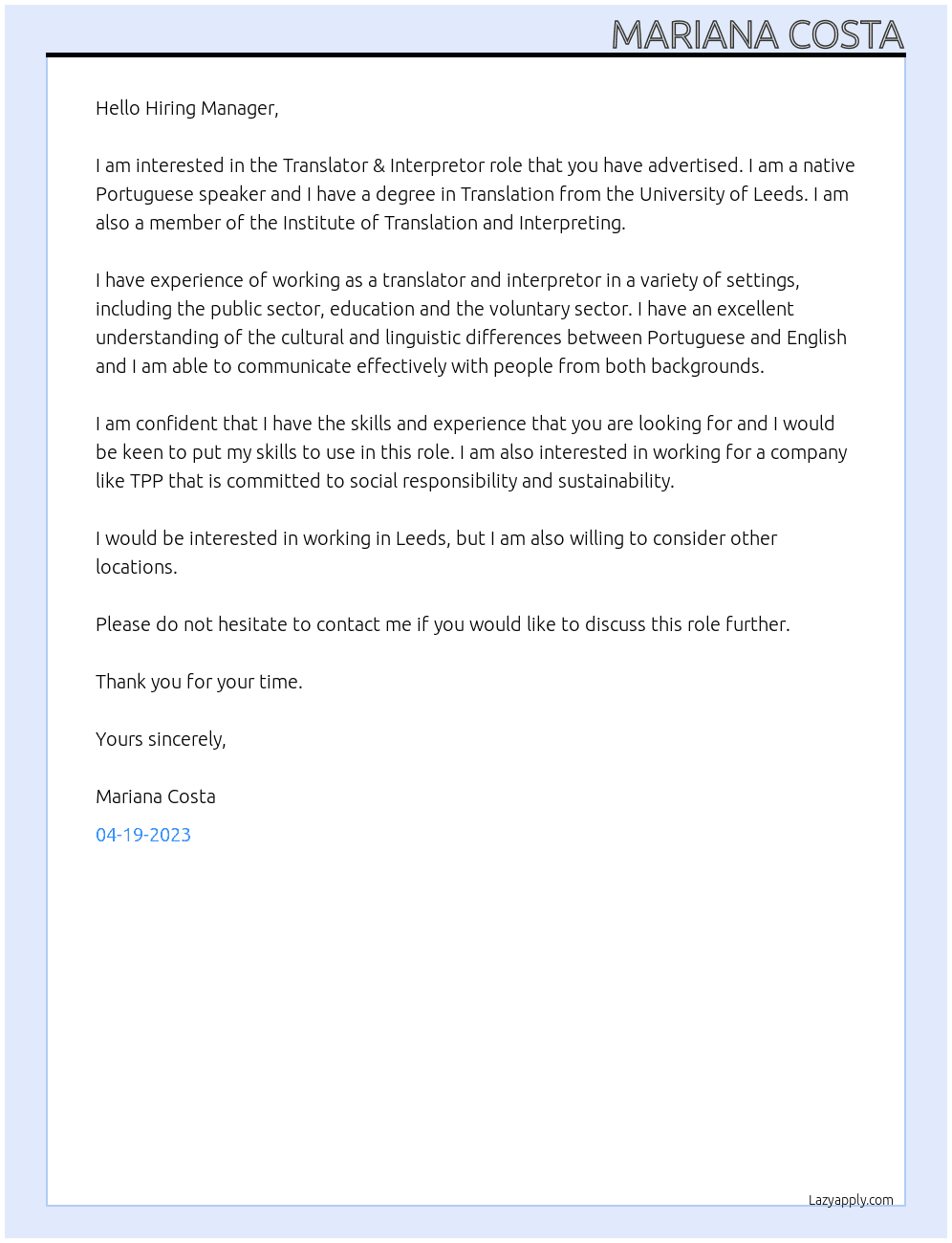 Translater & Interpretor - Native Portuguese Speaker At TPP Cover Letter
