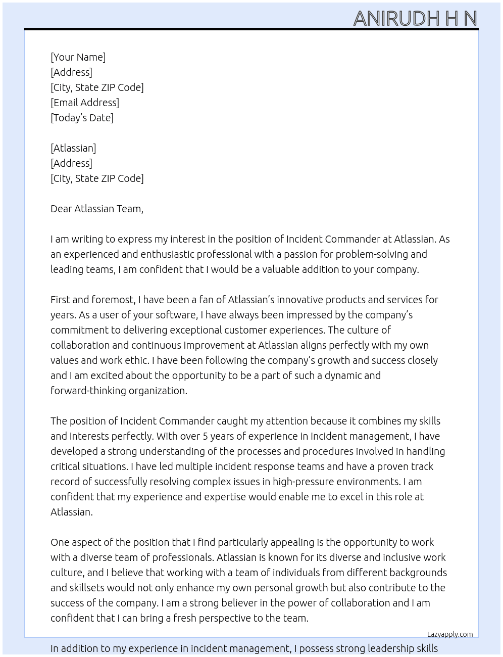 Incident commander At Atlassian Cover Letter