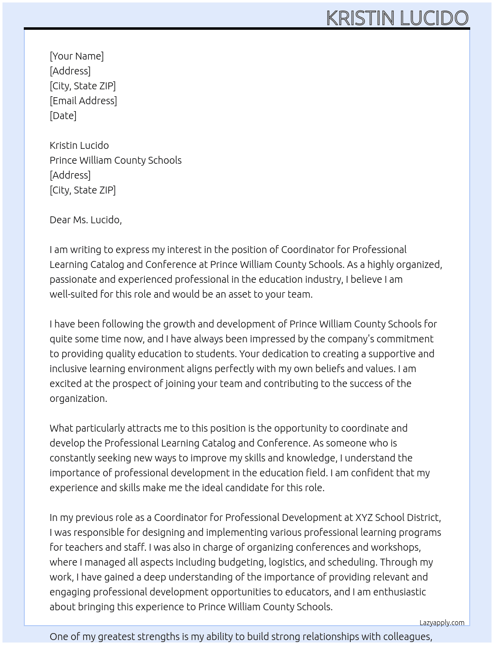 Coordinator, Professional Learning Catalog and Conference At Prince William County Schools Cover Letter