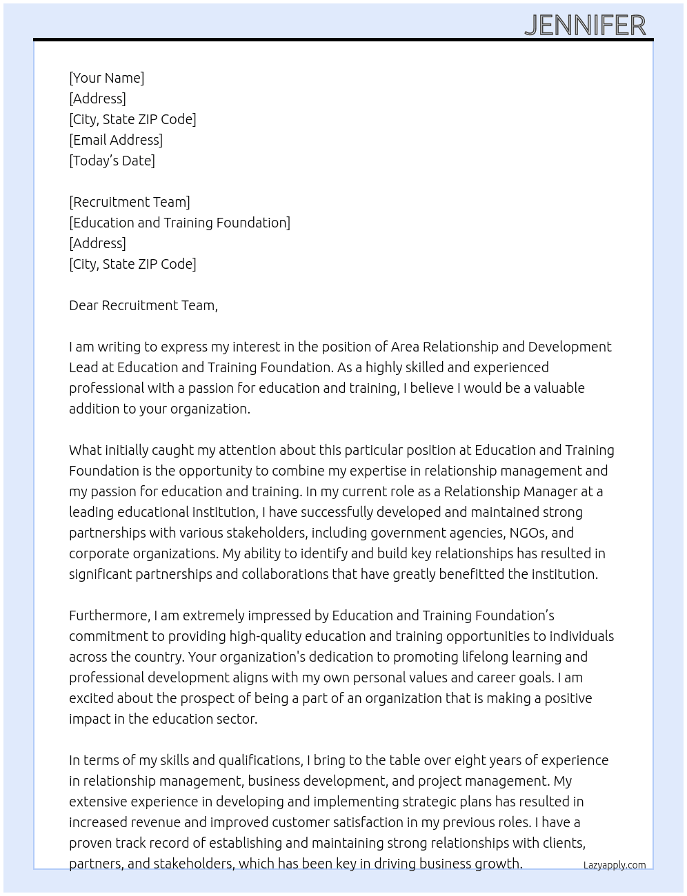 Area Relationship and Development Lead At Education and Training Foundation Cover Letter