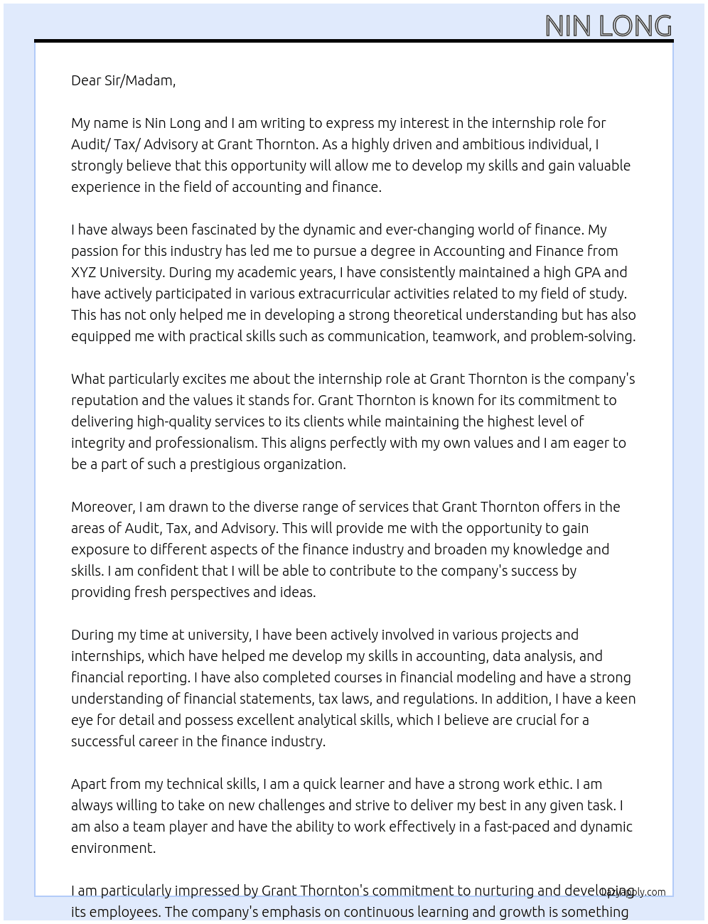 Audit/ Tax/ Advisory At Grant Thornton Cover Letter