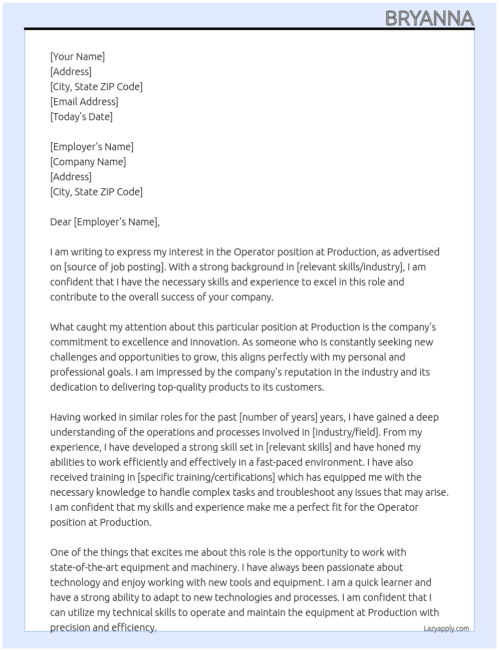 Operator  At Production Cover Letter