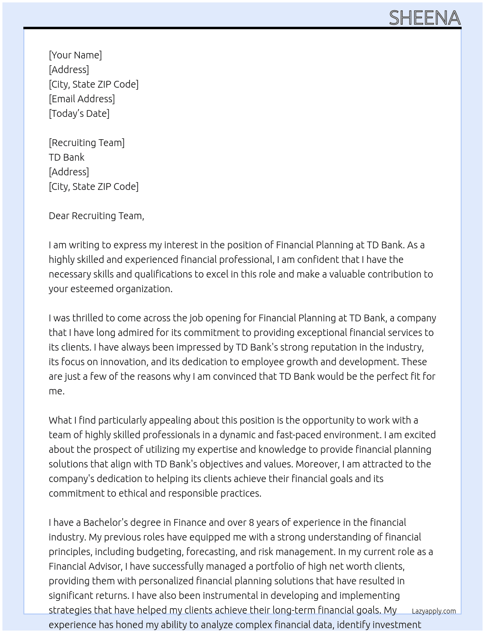 Financial planning At TD BANK Cover Letter