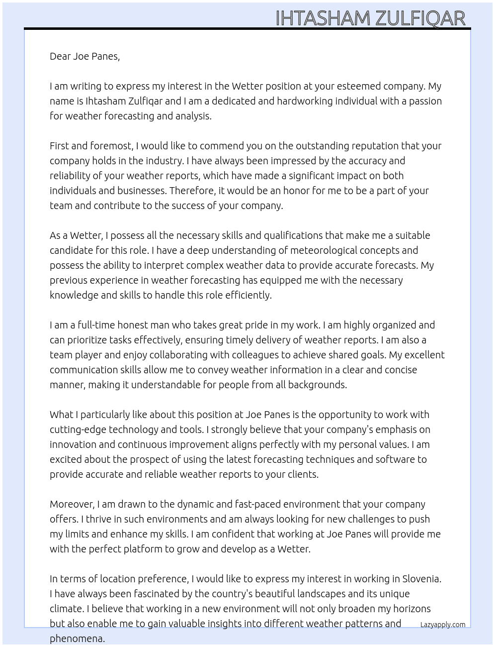 Wetter  At JOE PANES Cover Letter