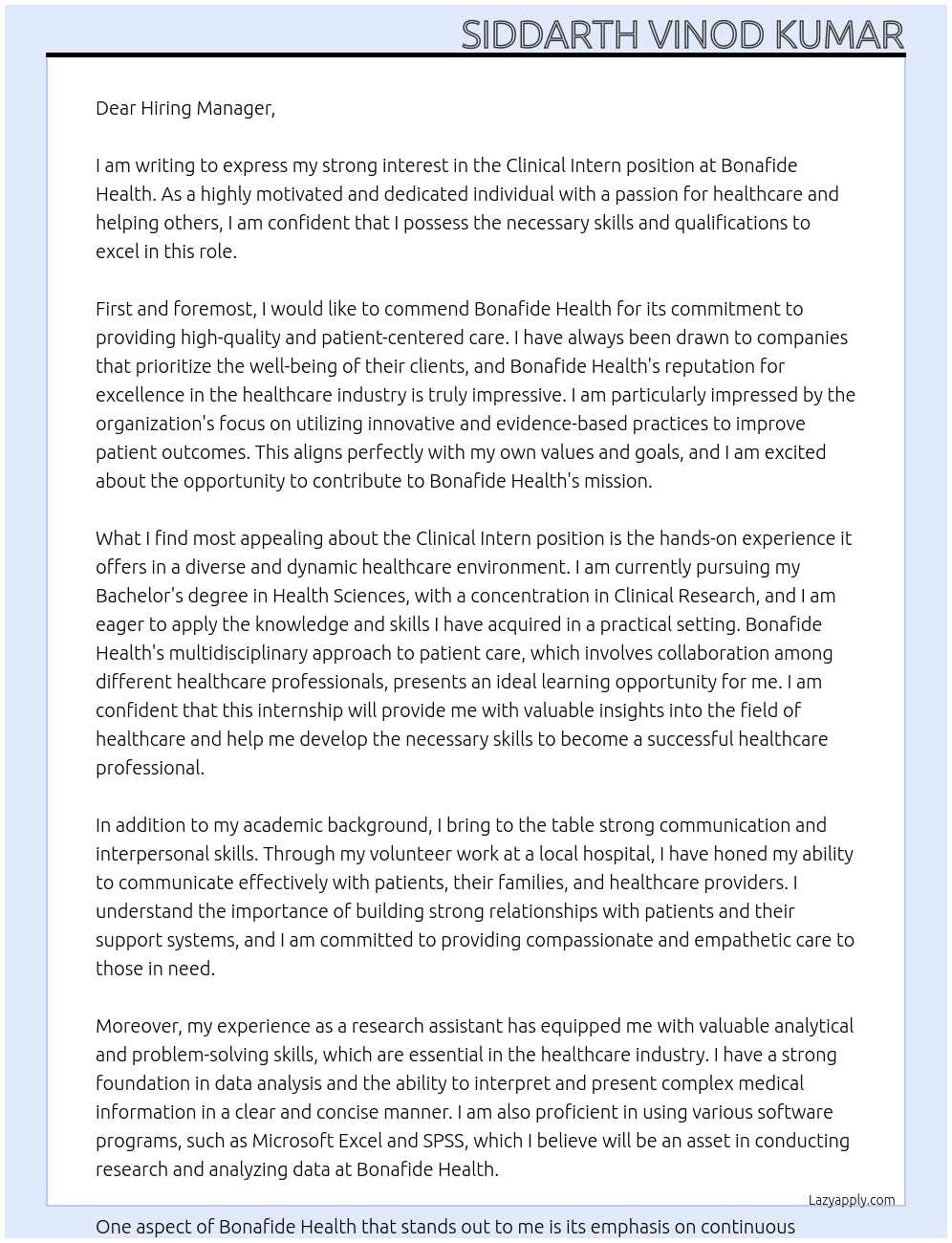 Clinical Intern At Bonafide Health Cover Letter