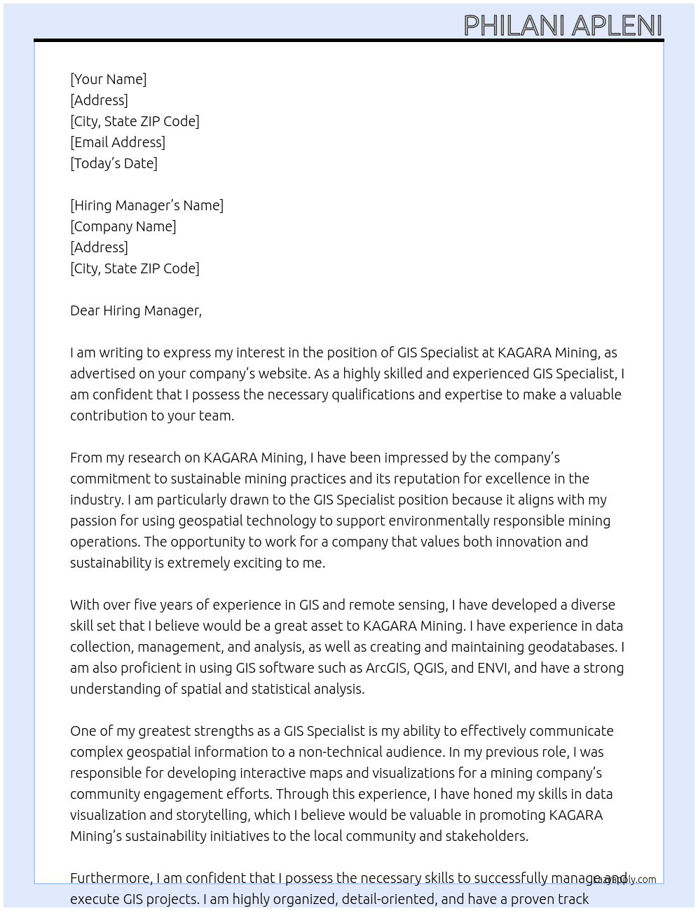 GIS Specialist At KAGARA Mining Cover Letter