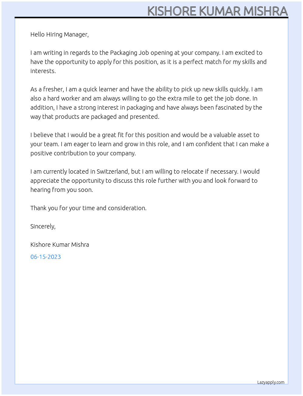 Packaging Job At Packaging Job Company Cover Letter