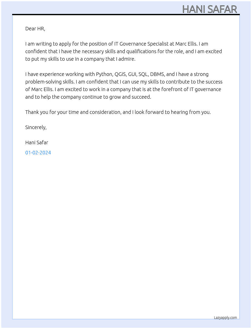 IT Governance Specialist  At Marc Ellis Cover Letter