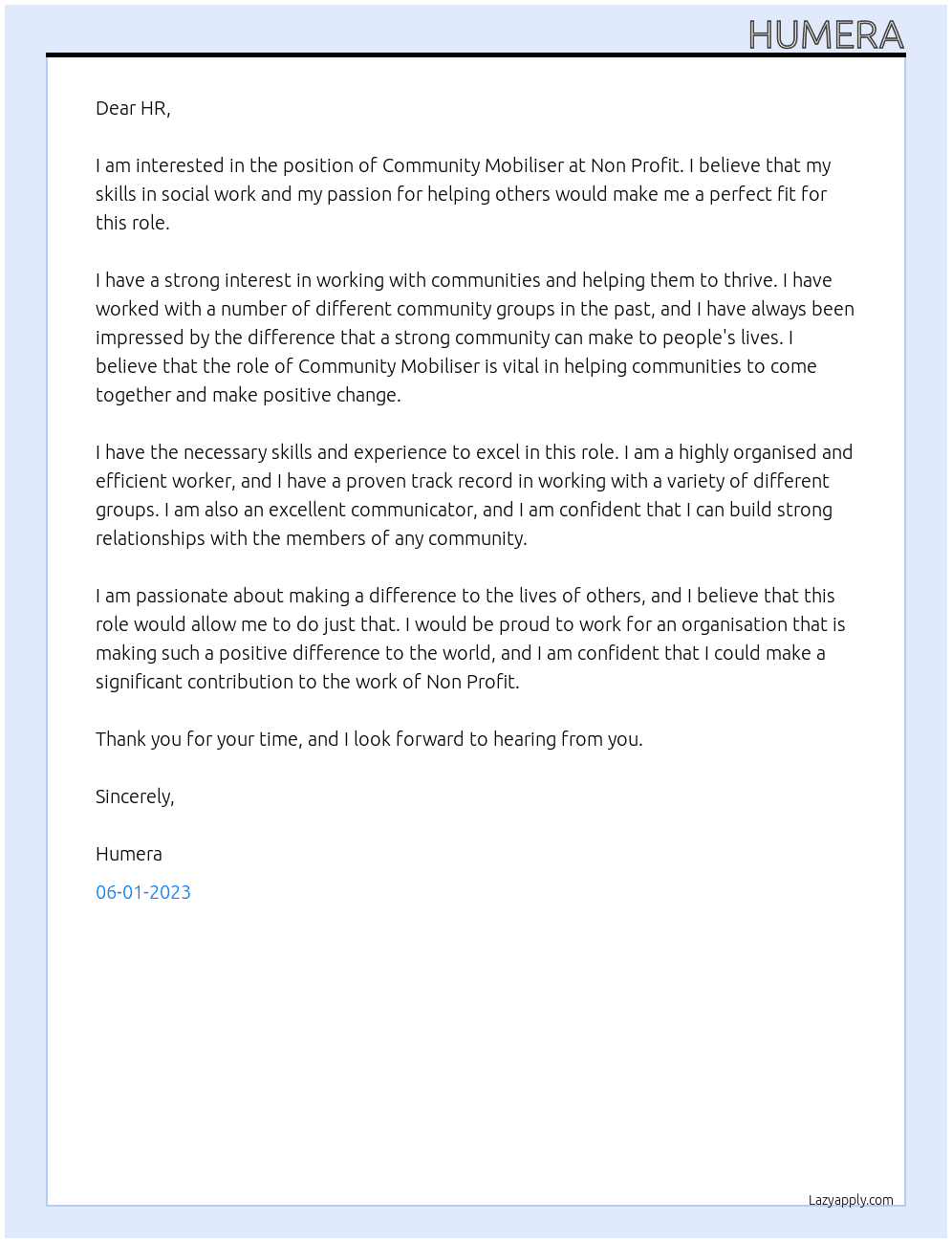 Community Mobliser  At Non profit  Cover Letter