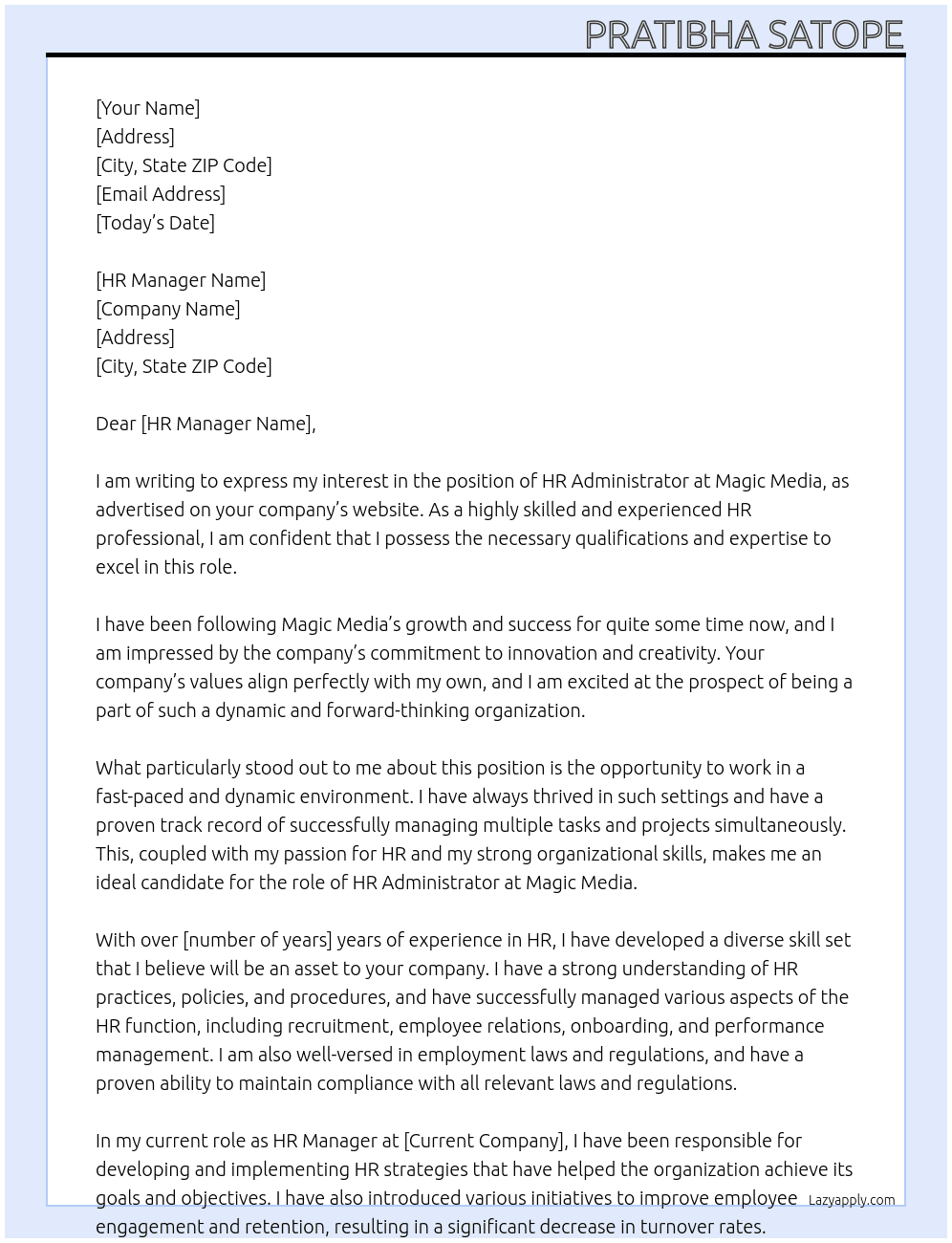 HR Administrator At Magic Media Cover Letter
