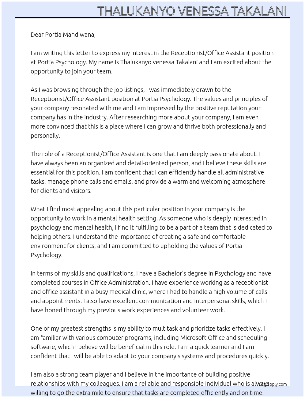 Receptionist / Office Assistant  At Portia Psychology  Cover Letter