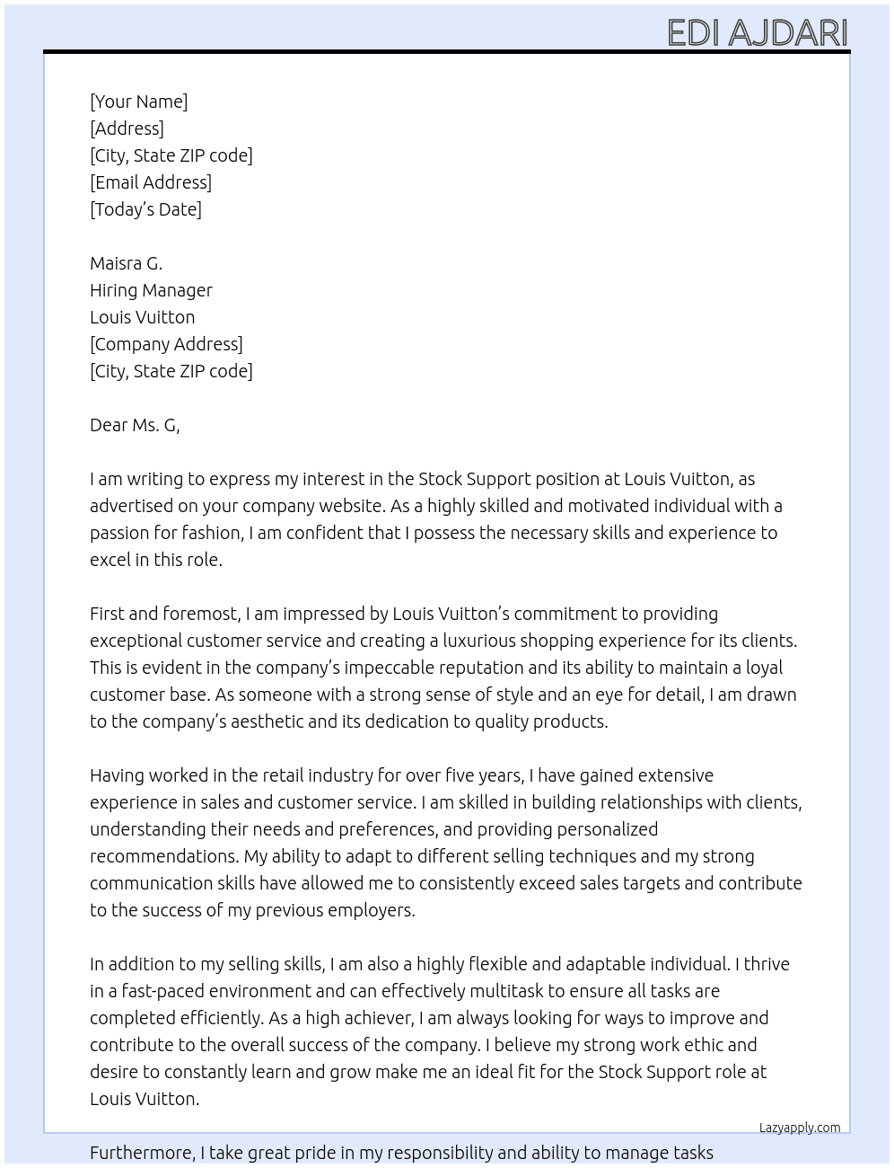 Stock support At Louis Vuitton Cover Letter