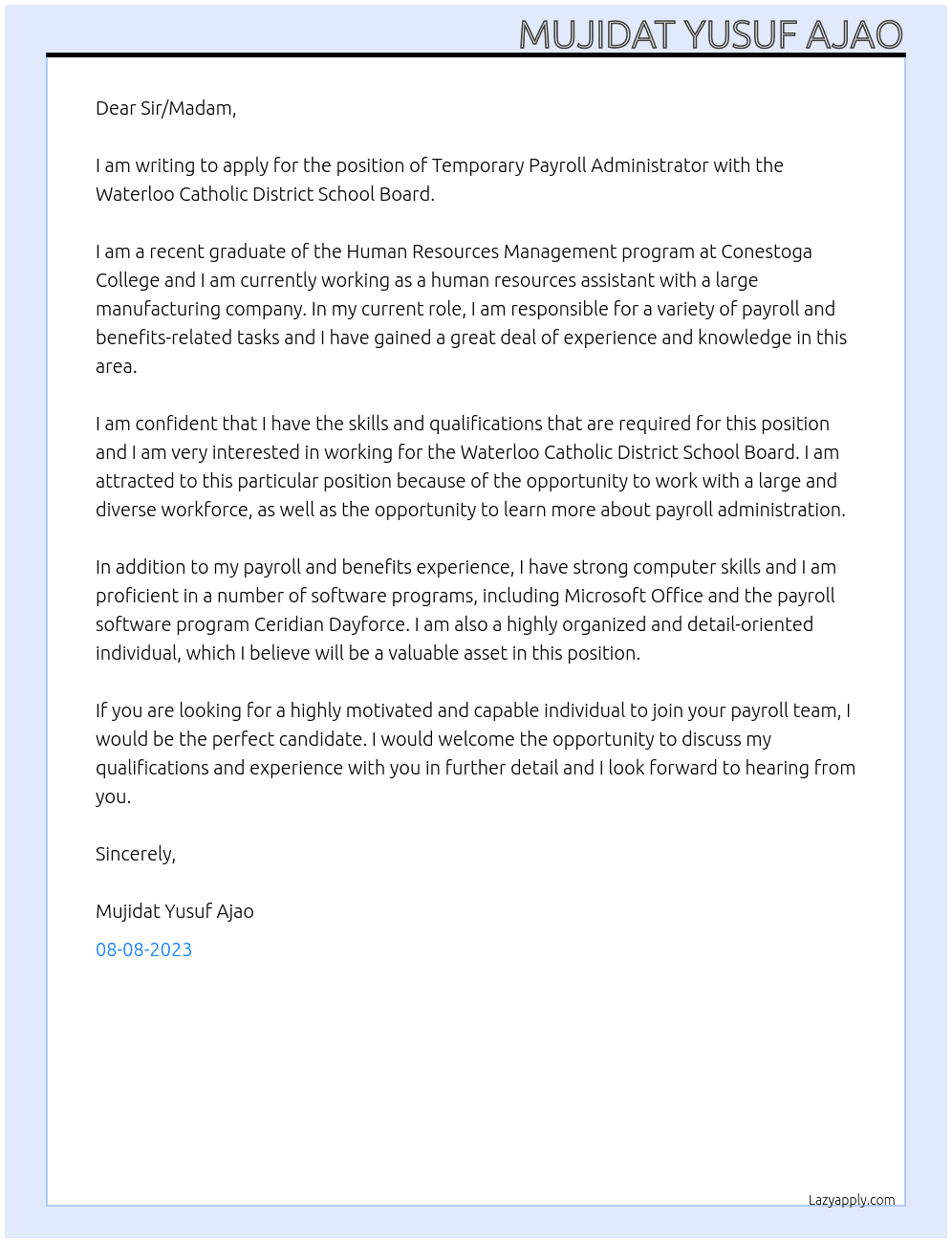 Temporary Payroll Administrator At Waterloo Catholic District School Board Cover Letter