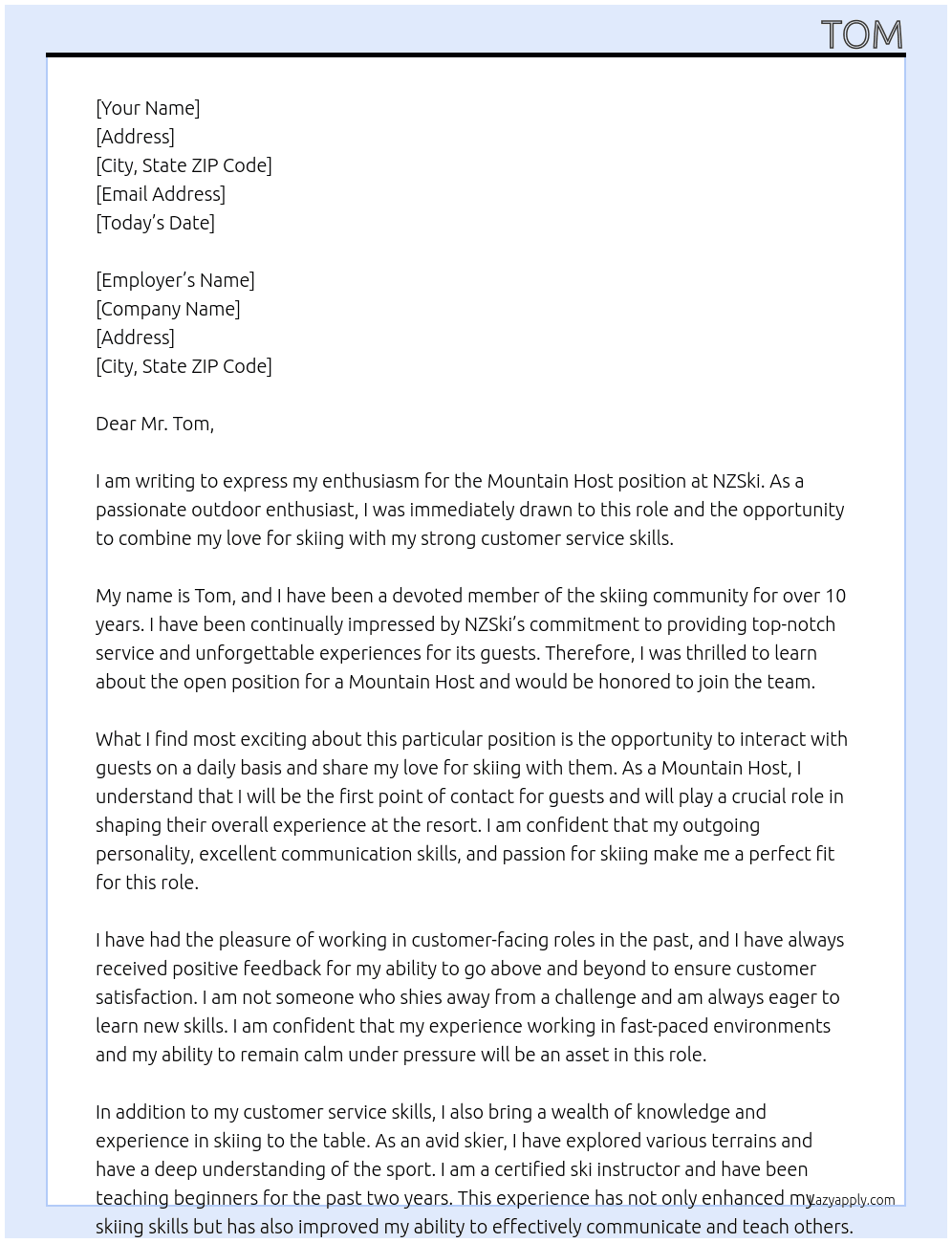 Mountain Host At NZSki Cover Letter