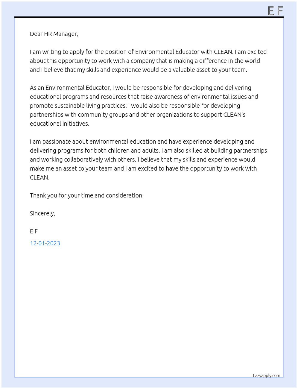 Environmental Educator At CLEAN Cover Letter