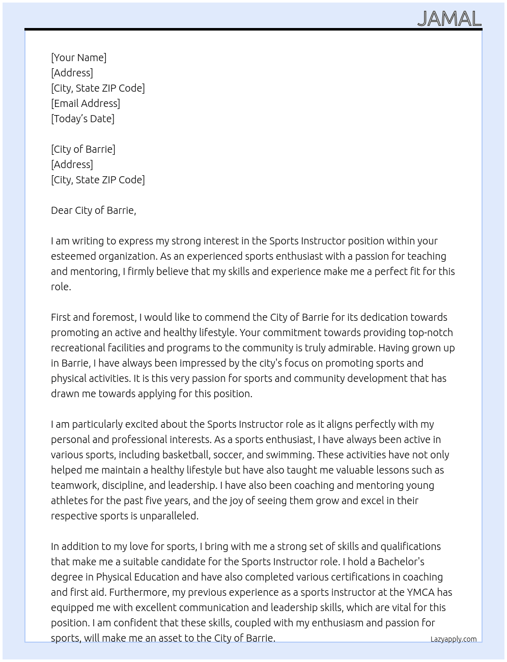 Sports Instructor  At City of Barrie Cover Letter