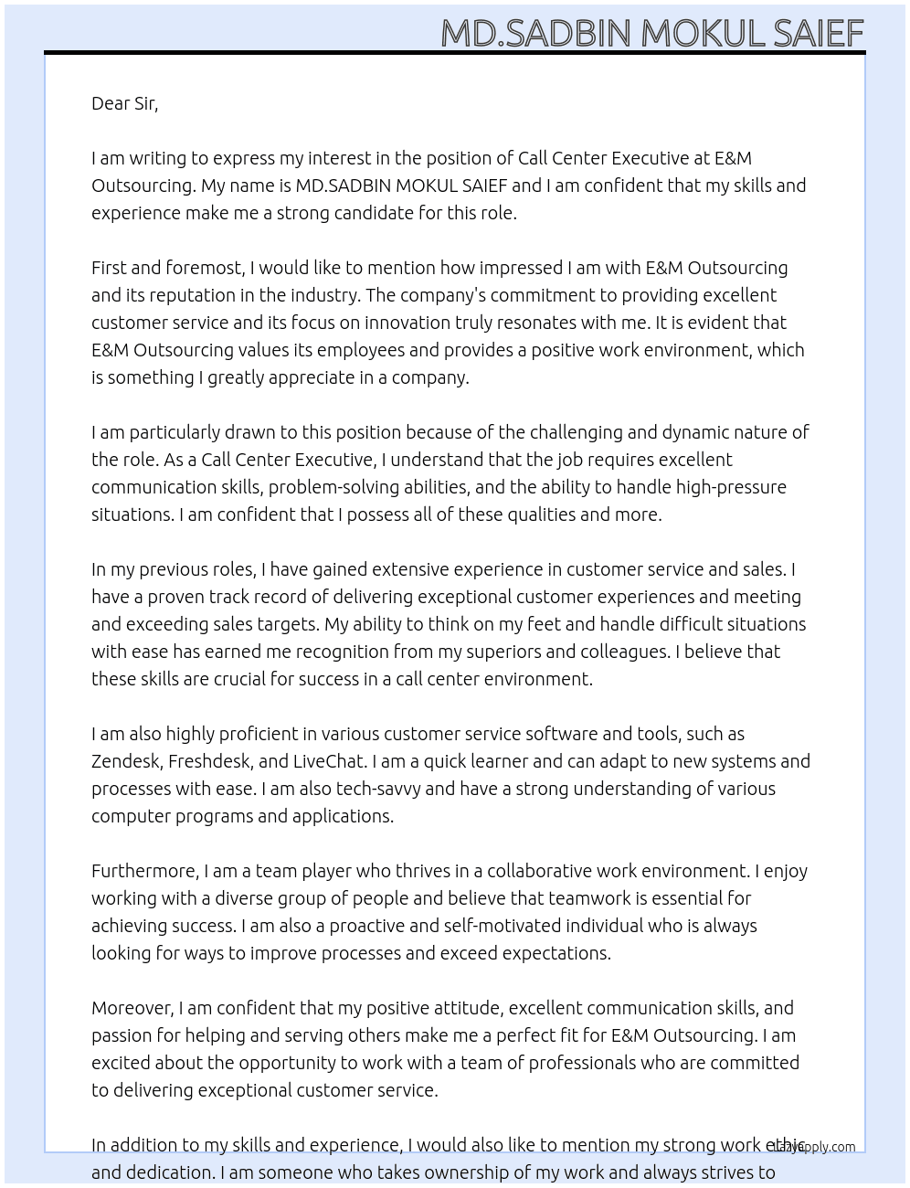 Call Center Executive At E&M Outsourcing Cover Letter