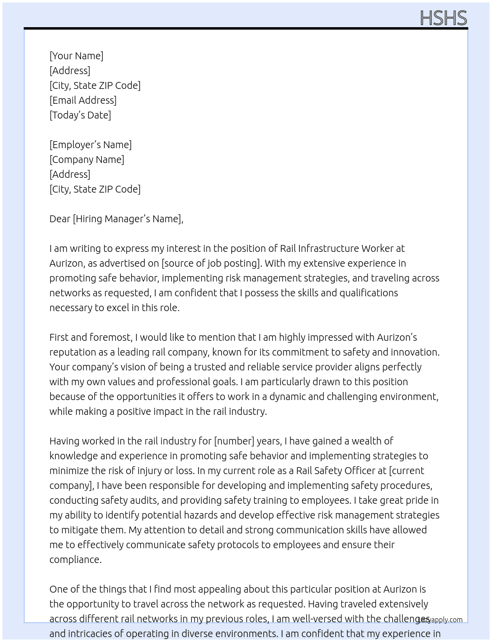 Rail Infrastructure Worker At Aurizon Cover Letter