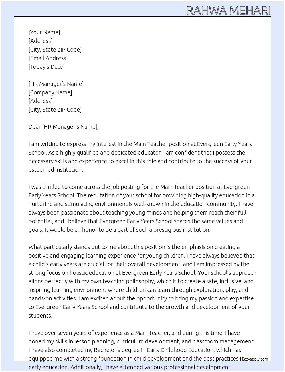 Main Teacher  At Evergreen Early Years School  Cover Letter