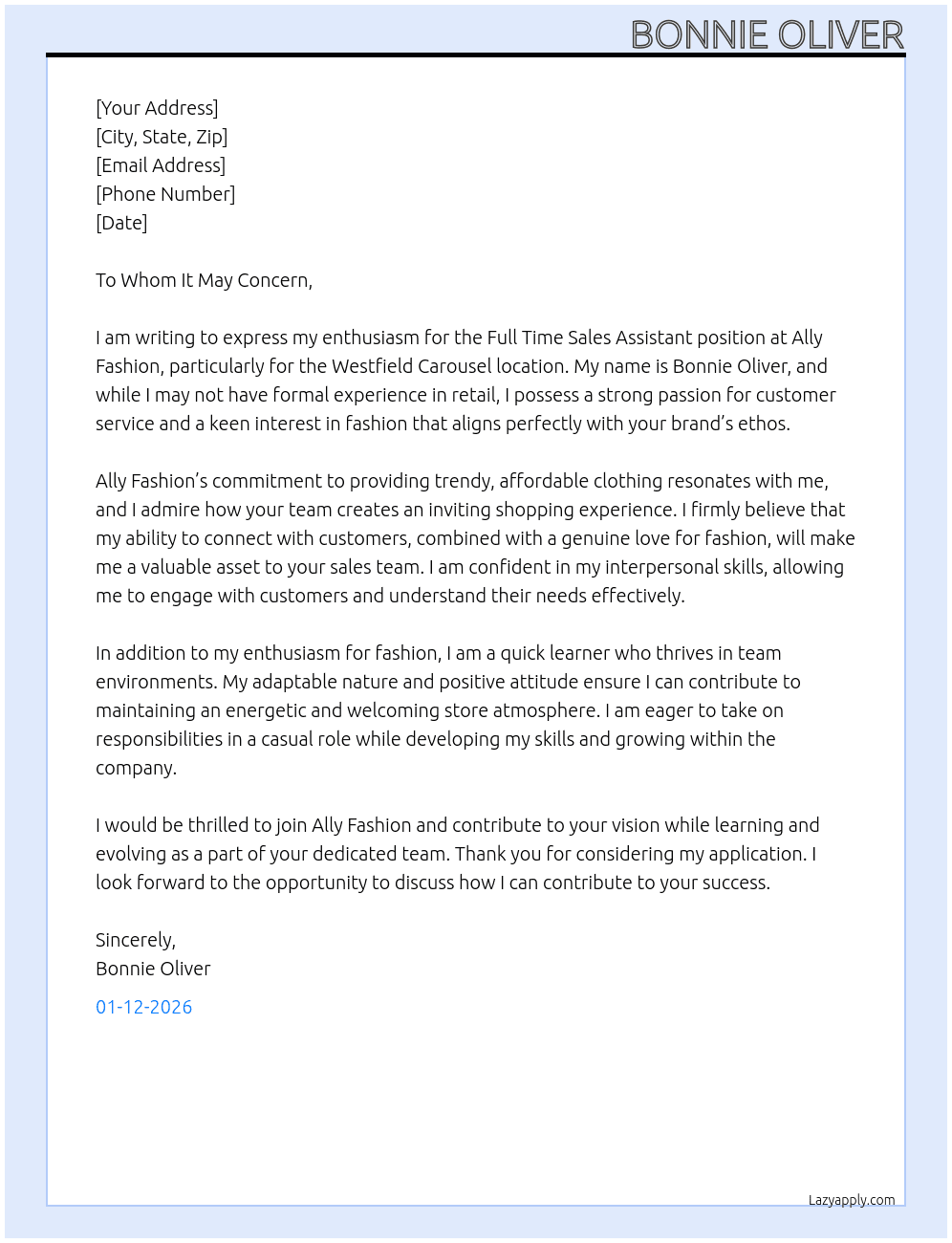 Full Time Sales Assistant At Ally fashion Cover Letter