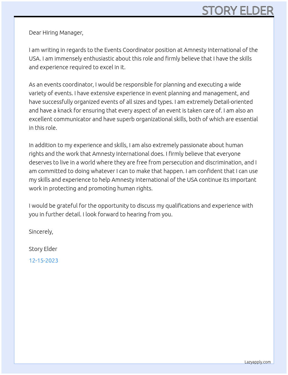 Events Coordinator  At AMNESTY INTERNATIONAL OF THE USA Cover Letter