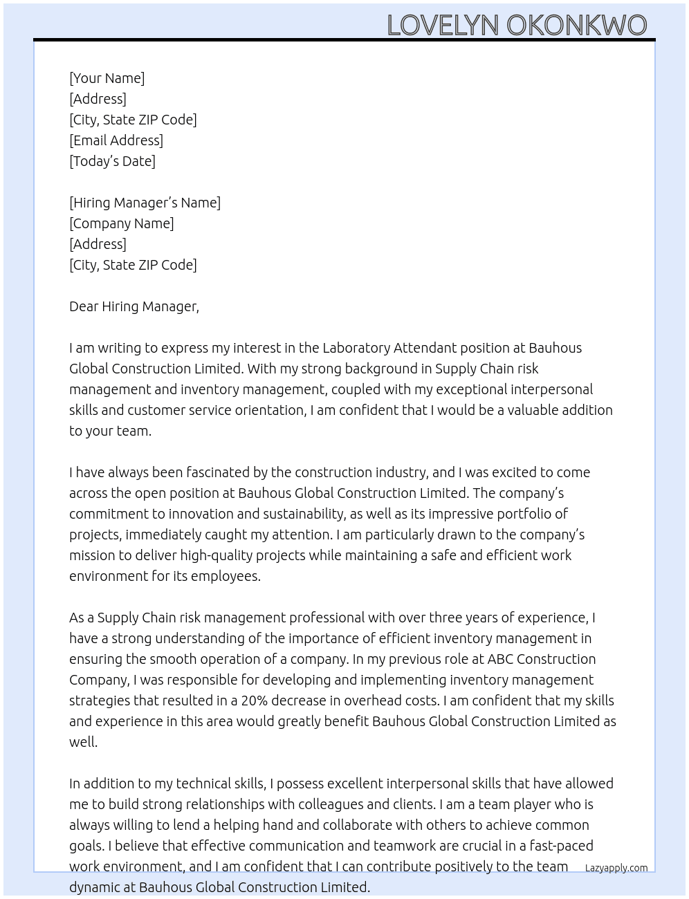 Laboratory Attendant  At Bauhous global construction limited Cover Letter