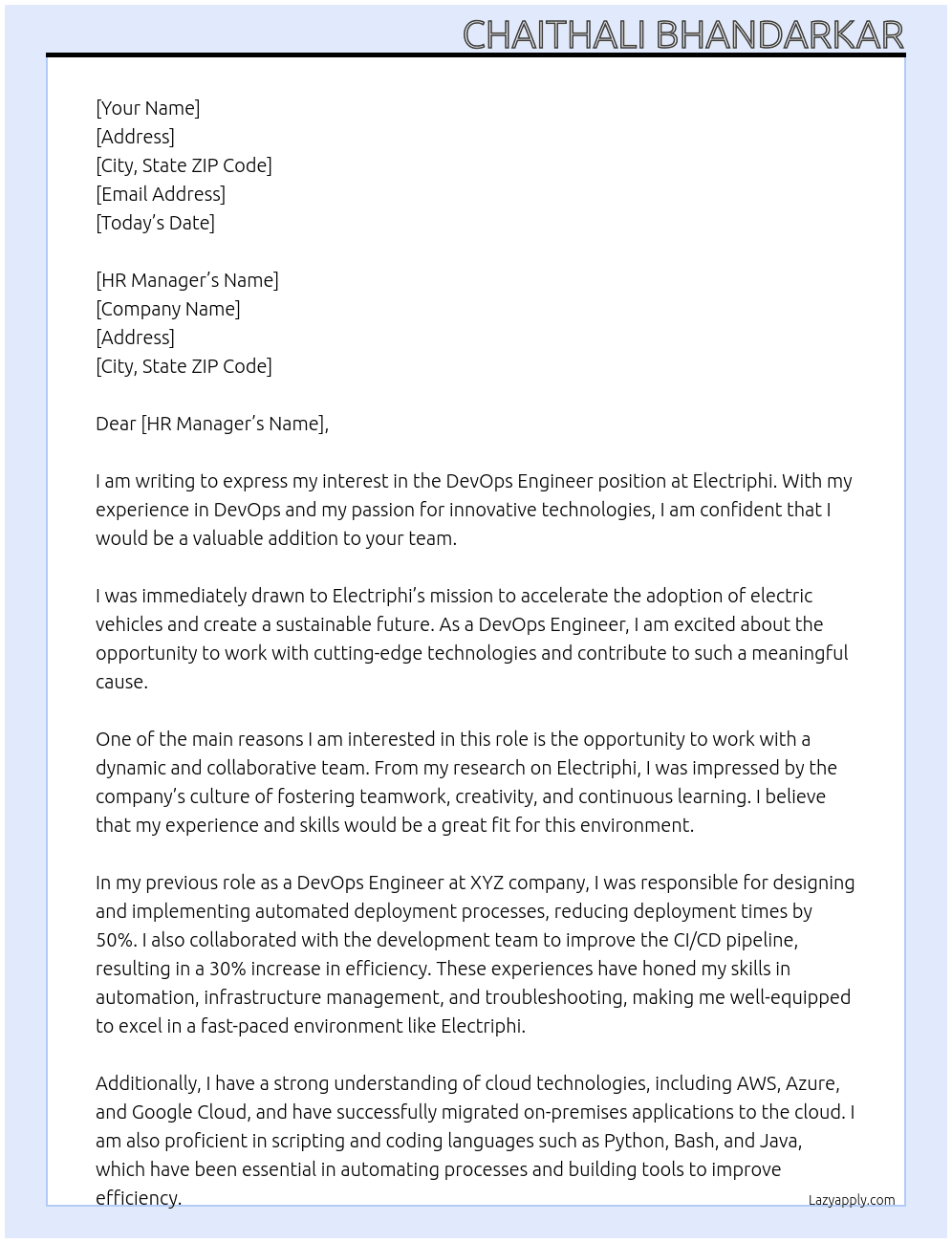 DevOps Engineer  At Electriphi Cover Letter