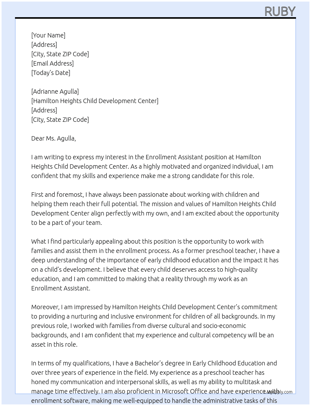 Enrollment Assistant At Hamilton Heights Child Development Center Cover Letter