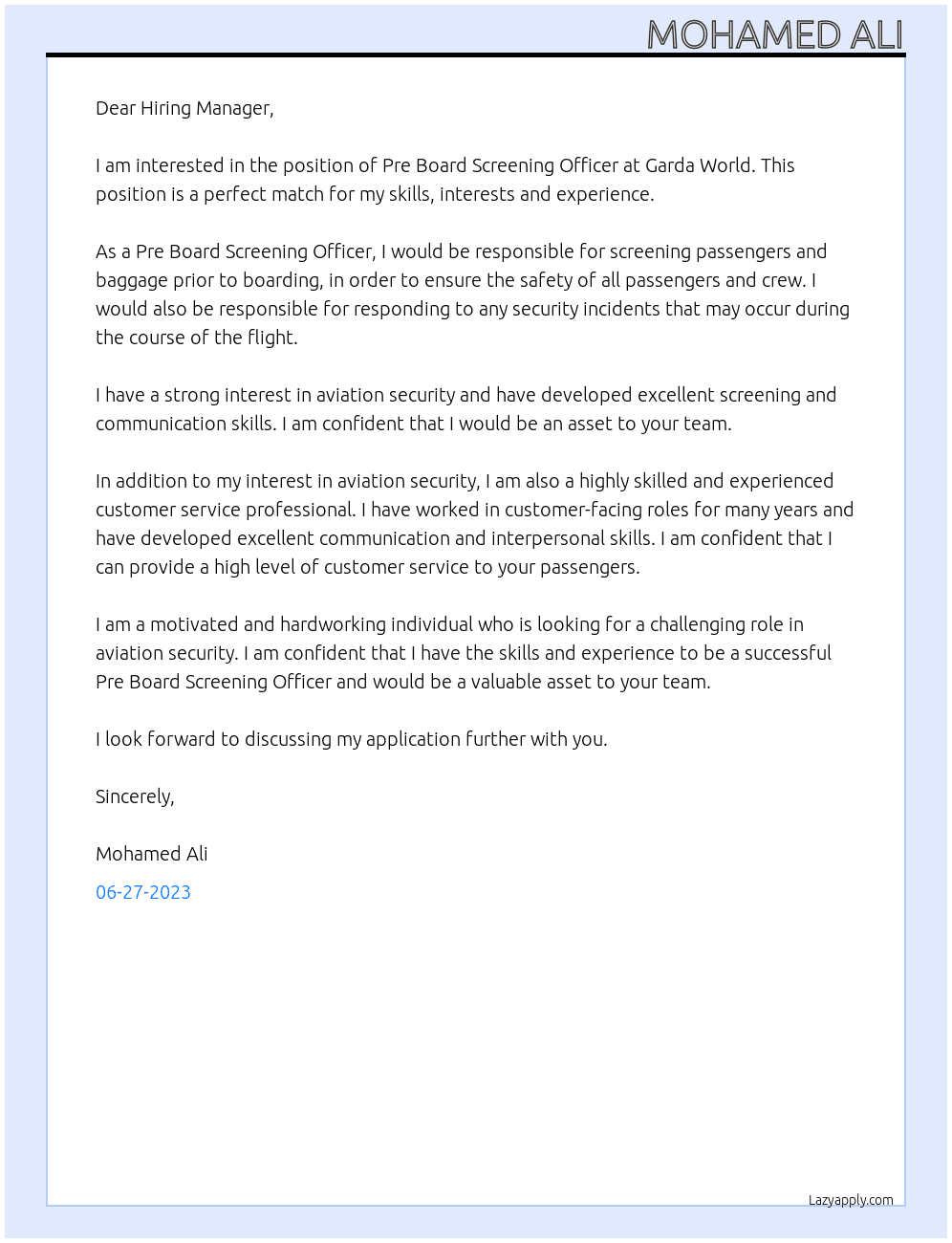 pre board screening officer At Garda World Cover Letter