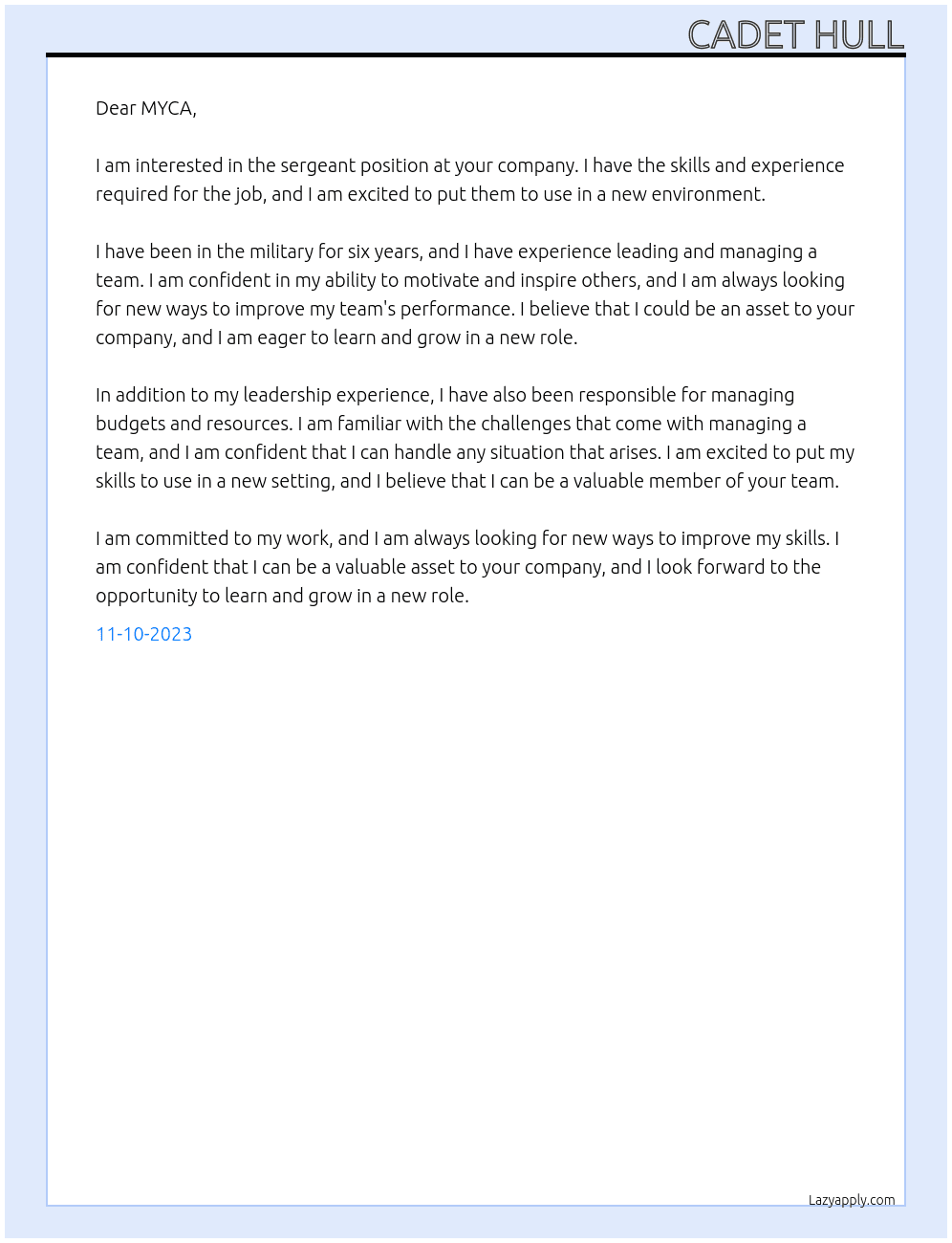 sergeant  At MYCA Cover Letter
