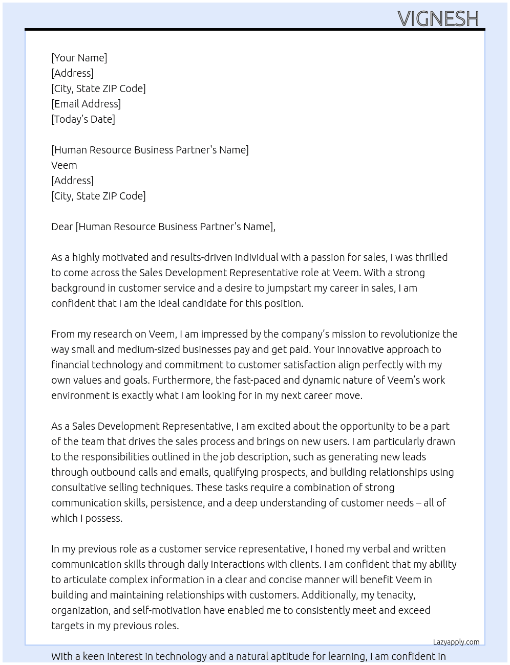 SDR  At Veem Cover Letter