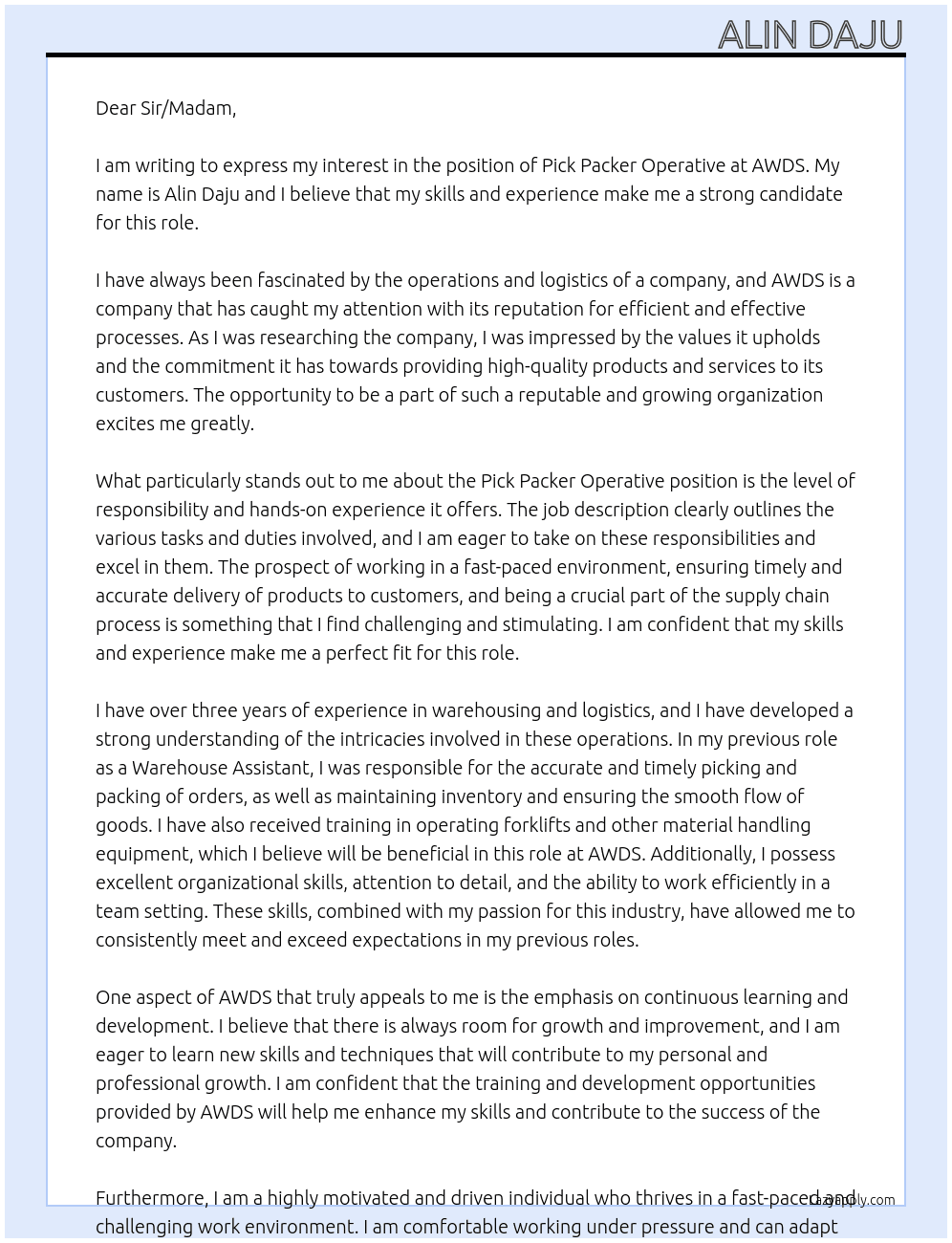 Pick packer operative At AWDS Cover Letter