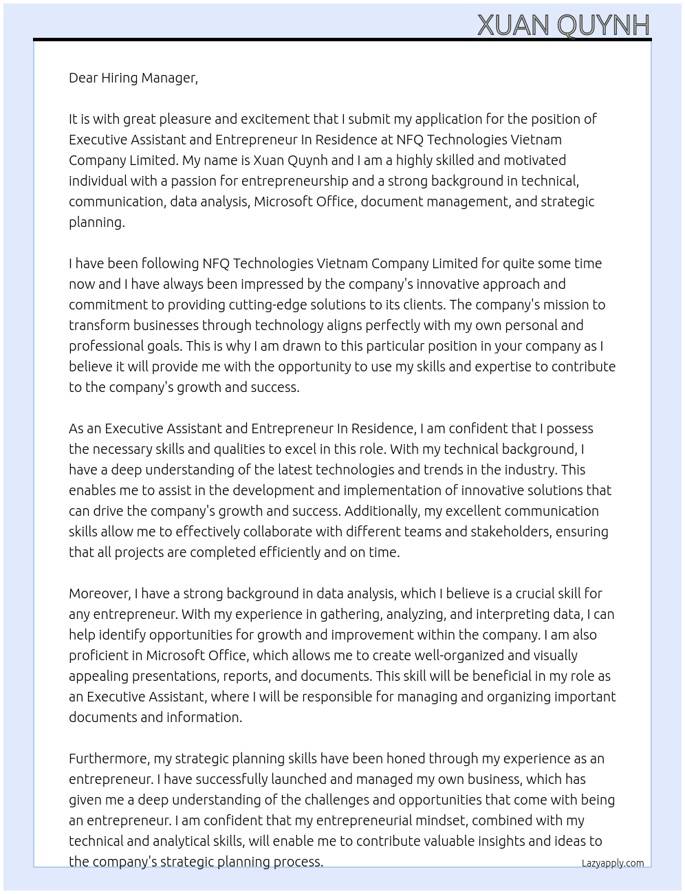 Executive Assistant and Entrepreneur In Residence At NFQ Technologies Vietnam Company Limited Cover Letter