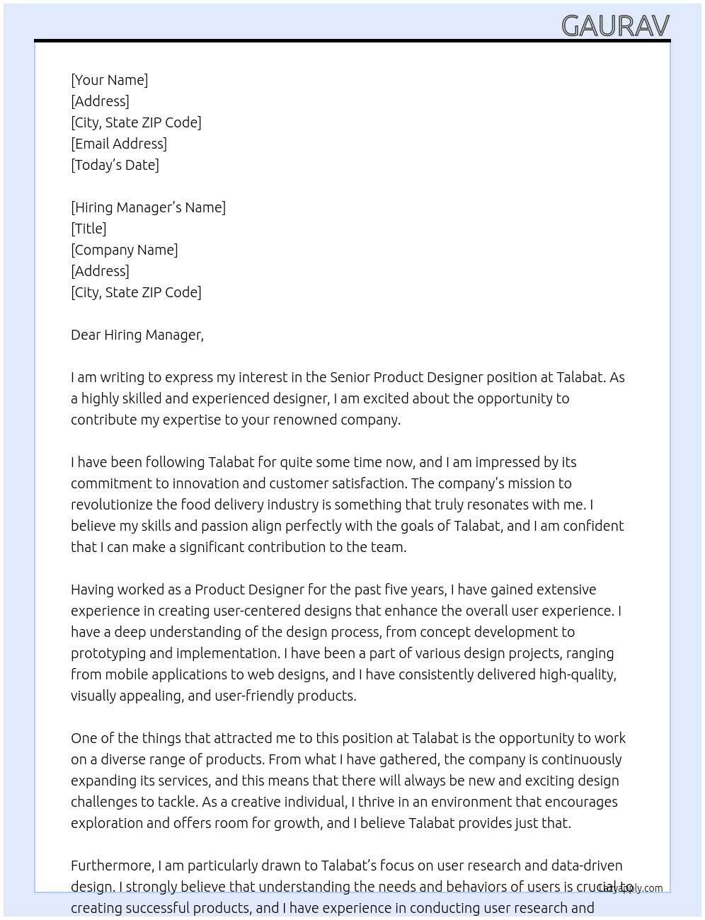 Sr. Product Designer At Talabat Cover Letter