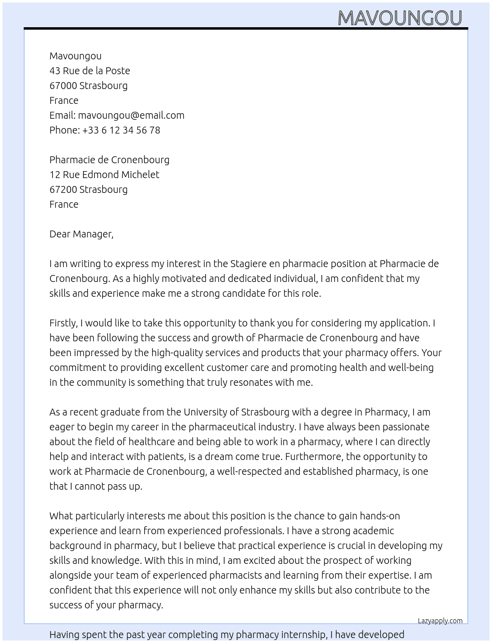 Stagiere en pharmacie At Pharmacie de cronenbourg Cover Letter