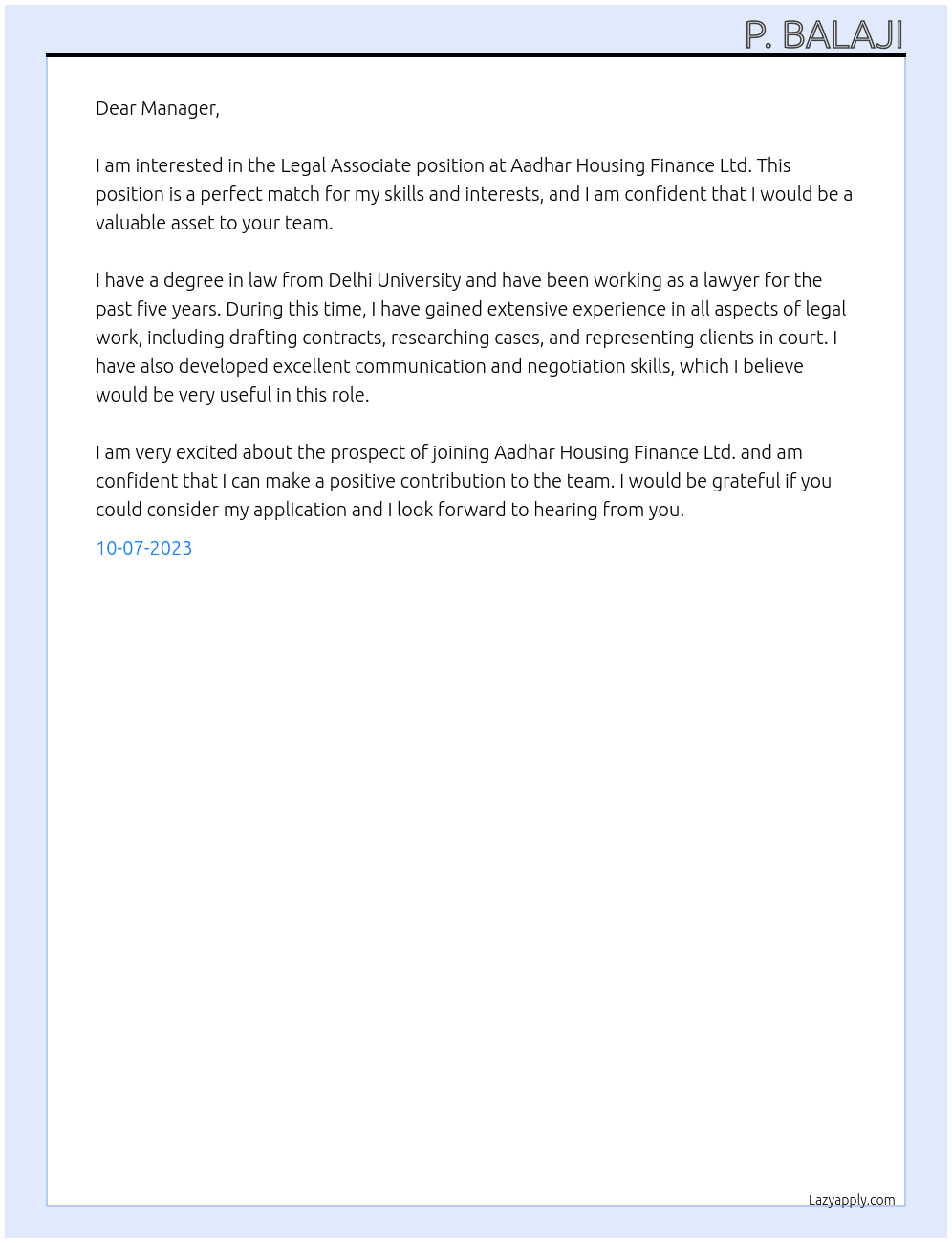 Legal Associate At Aadhar Housing Finance Ltd. Cover Letter